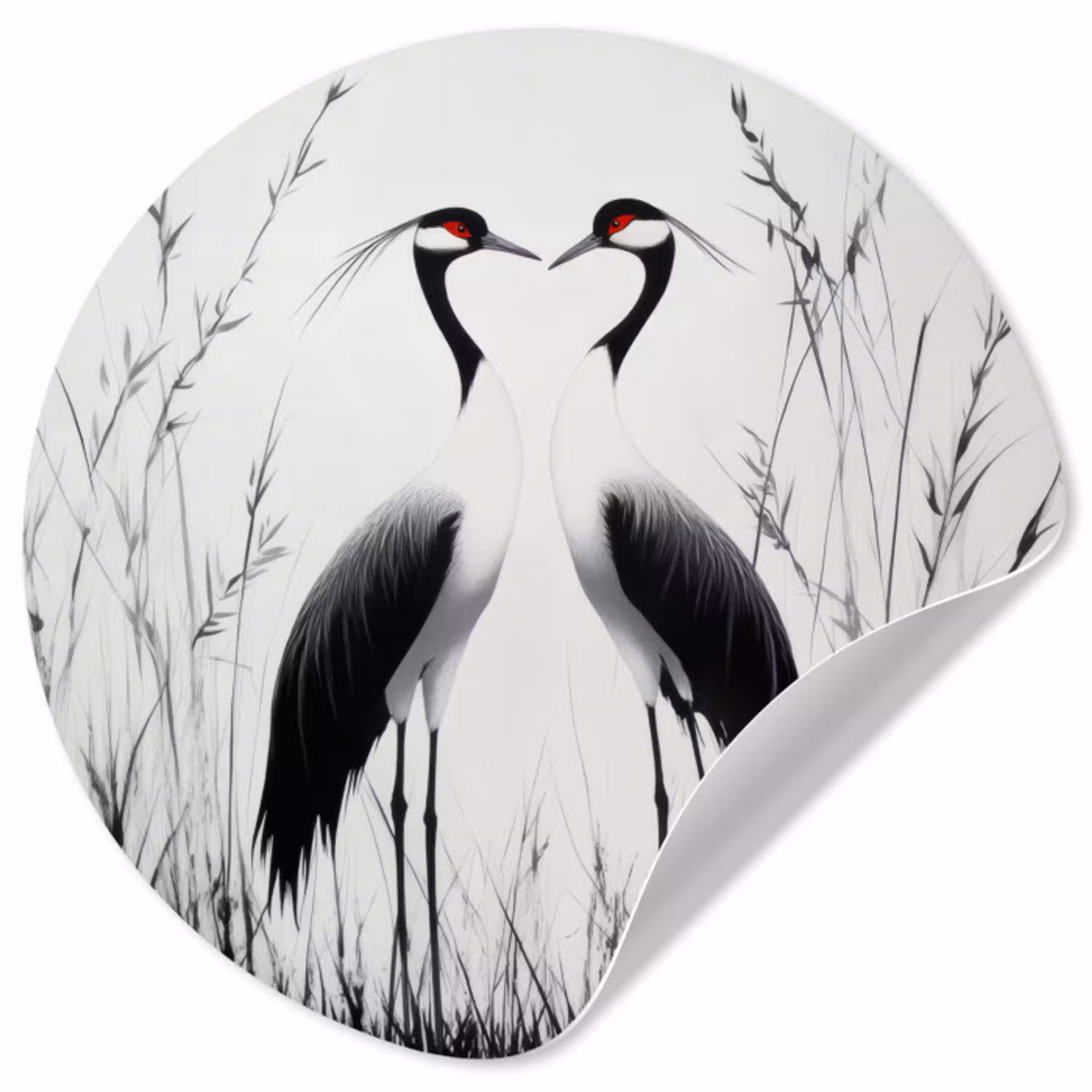 Kraanvogels - Gras - Hartvorm - Zwart Wandcirkel behangsticker klein -3d