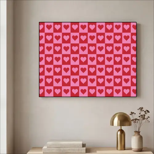 Rood - Roze - Schaakbord - Valentijn Textielframe zwart klein -sfeer2