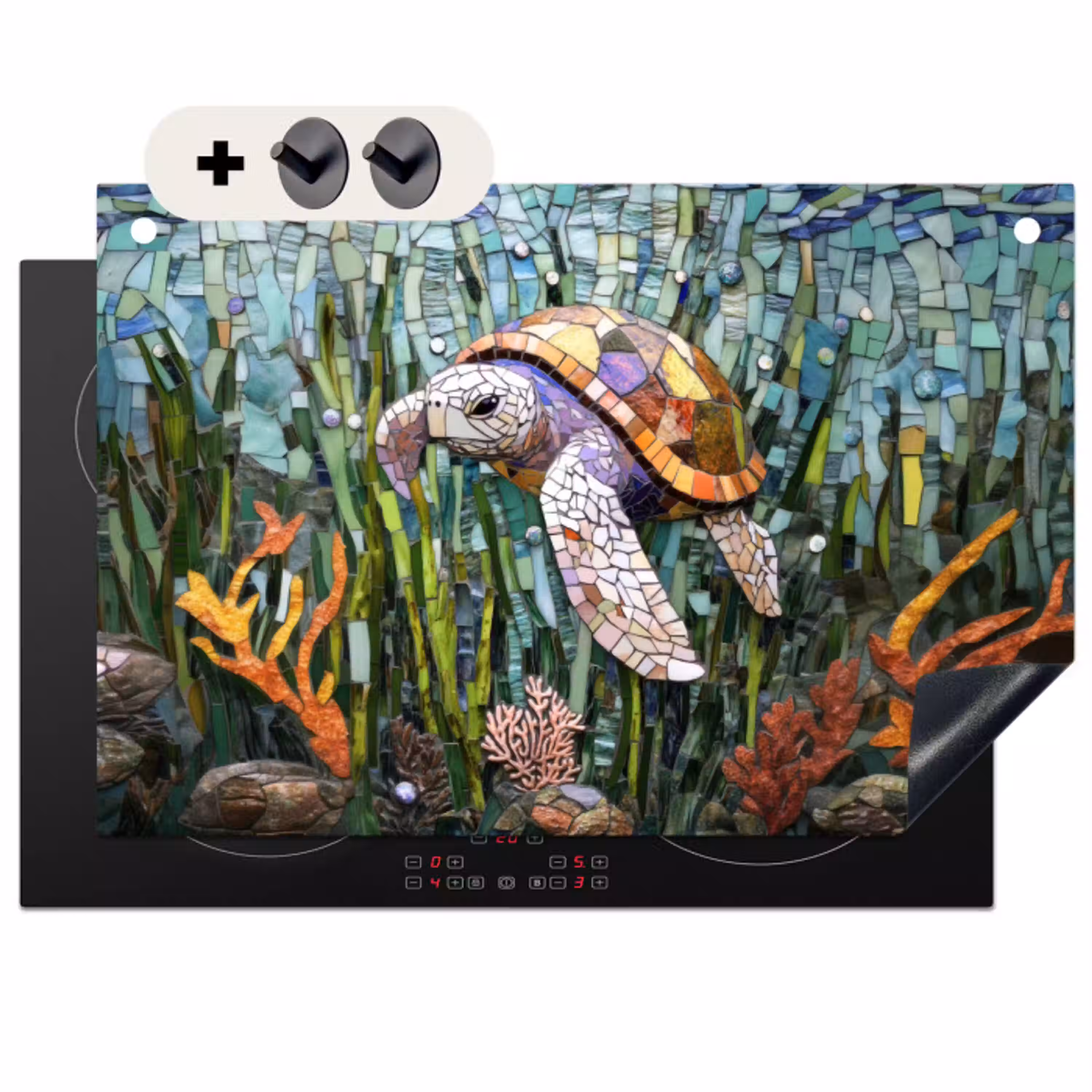 Schildpad - Zeewier - Mozaïek Inductie beschemer met haakjes klein -3d