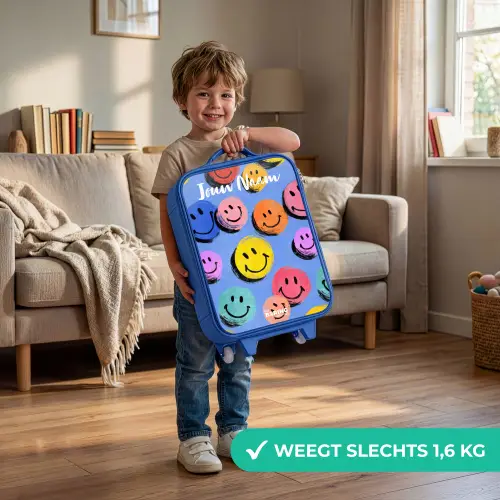 Een speels en kunstzinnig patroon van kleurrijke smileys Kinderkoffer - Blauw klein -sfeer2_NL
