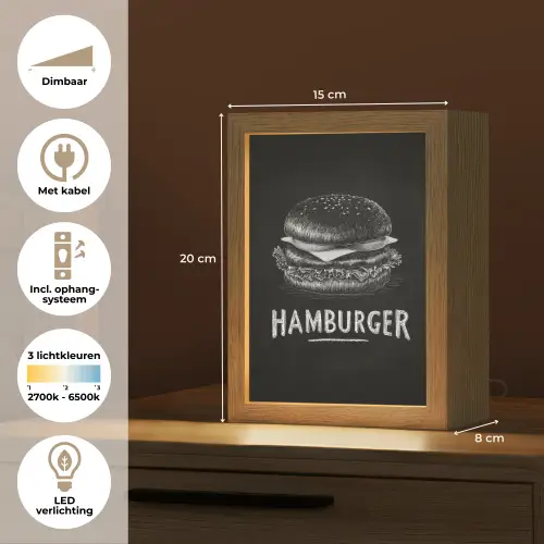 Hamburger - Krijttekst - Zwart - Wit Light Box met kabel (Tafellamp) klein -USP_NL