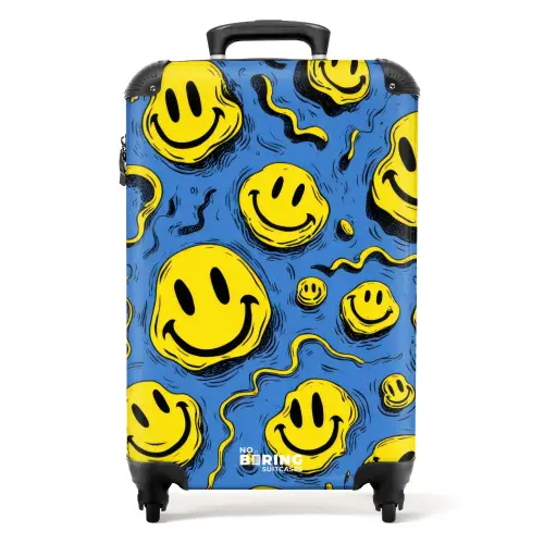 Gele kronkelende smiley's op een blauwe achtergrond NBS - Handbagage koffer - Kinderen Unisex middel -productfoto_recht