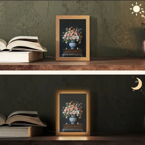 Hout - Vaas - Kleuren - Bloemen Light Box met kabel (Tafellamp) klein -sfeer3