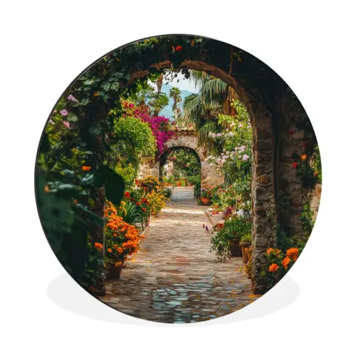 Doorkijk - Bloemen - Poort - Stenen Wandcirkel aluminium klein -3d