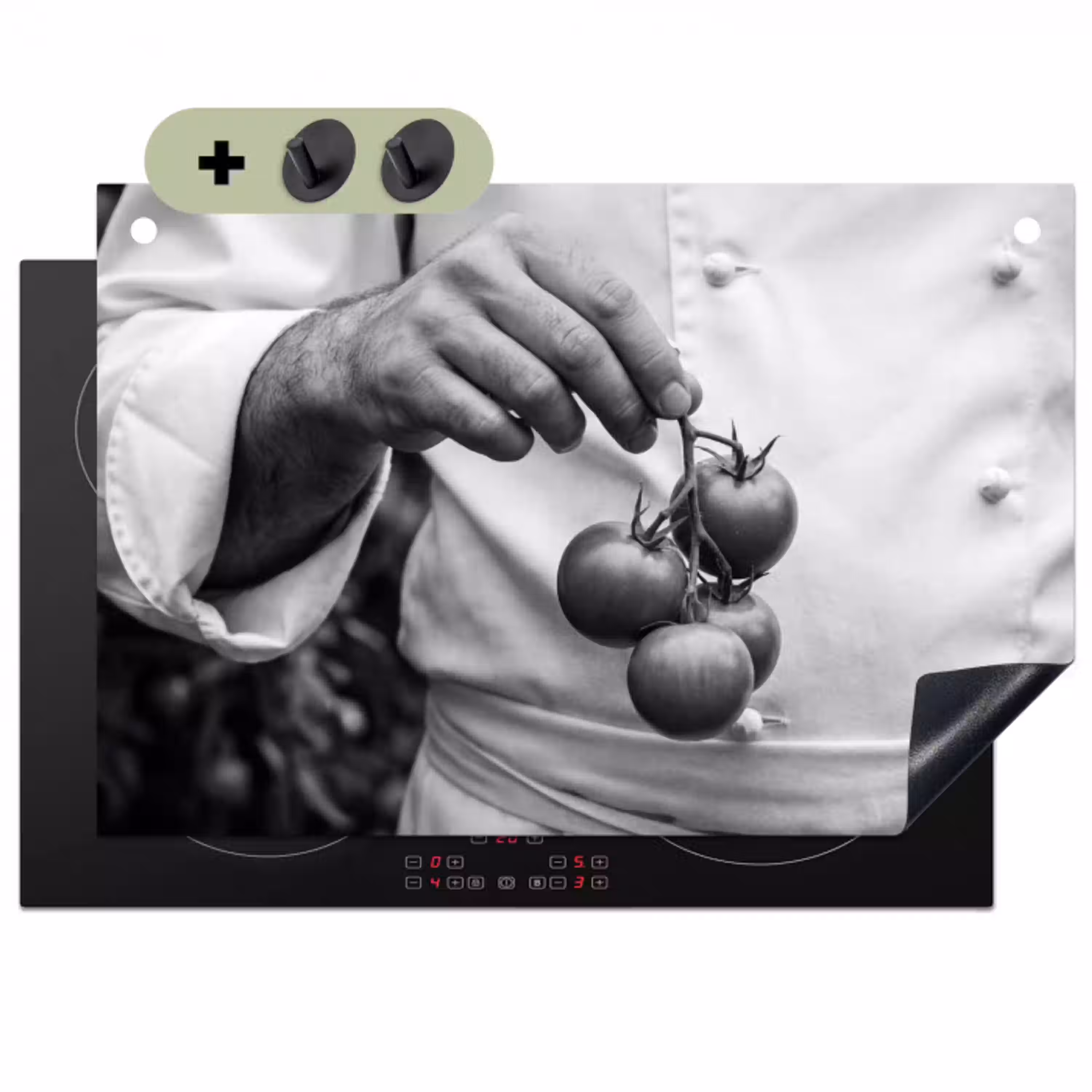 Tomaten - Chef - Zwart - Wit Inductie beschemer met haakjes klein -3d