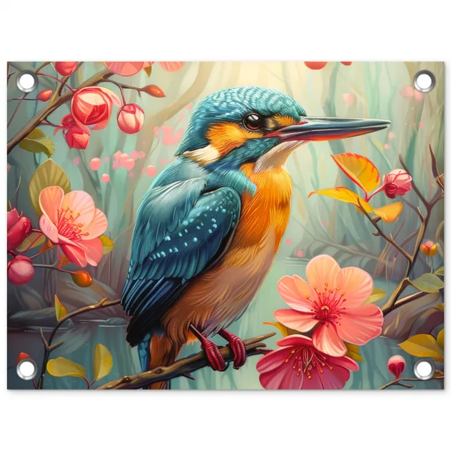 IJsvogel - Bloesem - Natuur - Vogels - Bloemen tuinposter los doek klein -3d