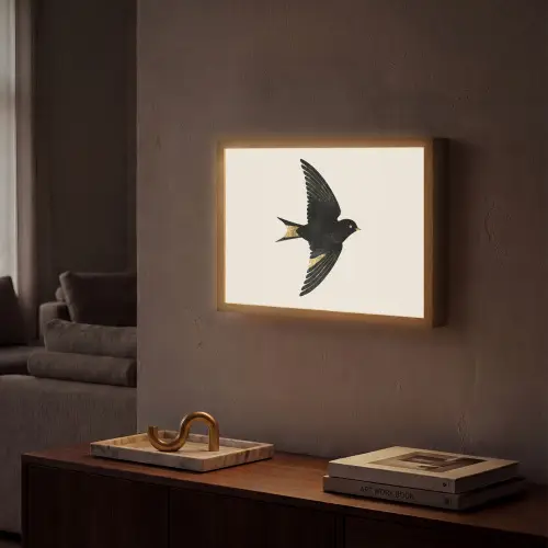 Zwarte zwaluw - Gouden accenten - Lichte achtergrond Light Box met batterij (Wandlamp) middel -sfeer1