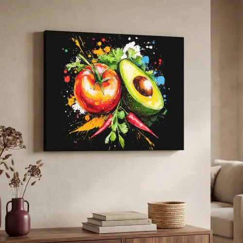 Tomaat - Avocado - Peper - Graffiti - Verf - Modern Textielframe zwart klein -sfeer3
