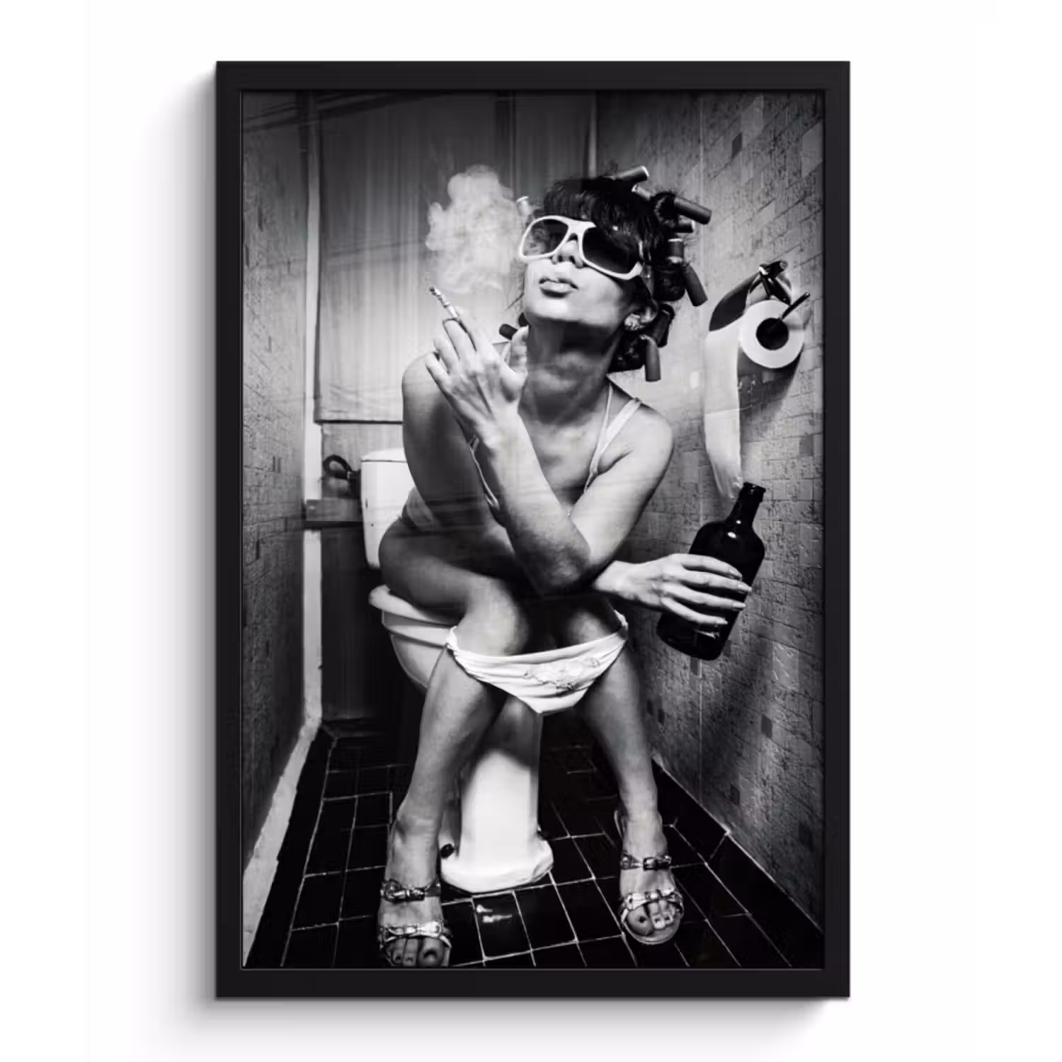 Poster met lijst - Vrouw - Vintage - Krulspelden - Toilet - Sigaret