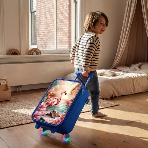 Flamingo en schildpad op een roze strand. Kinderkoffer - Blauw klein -sfeer1