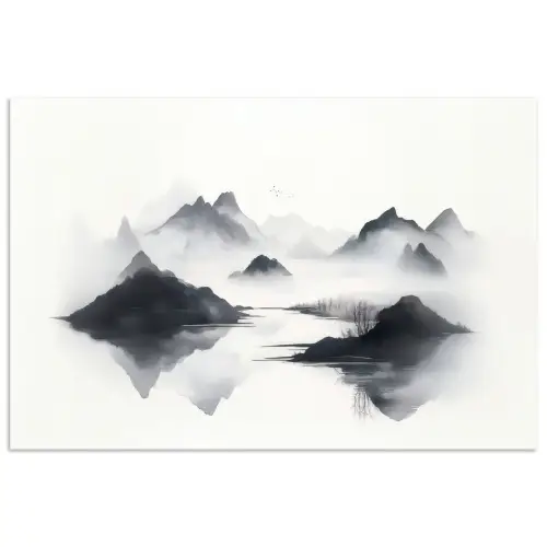 Bergen - Mistig - Water - Wit poster papier klein -3d