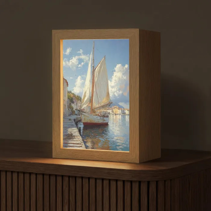 Zeilschip - Huizen - Kade - Zee Light Box met kabel (Tafellamp) klein -z3d_website