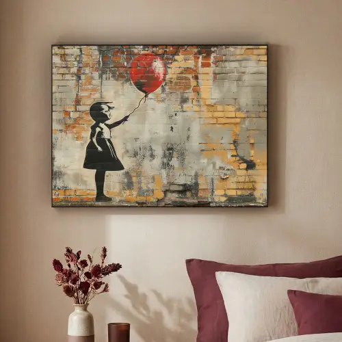 Graffiti - Banksy Style - Meisje met ballon Textielframe zwart klein -sfeer1