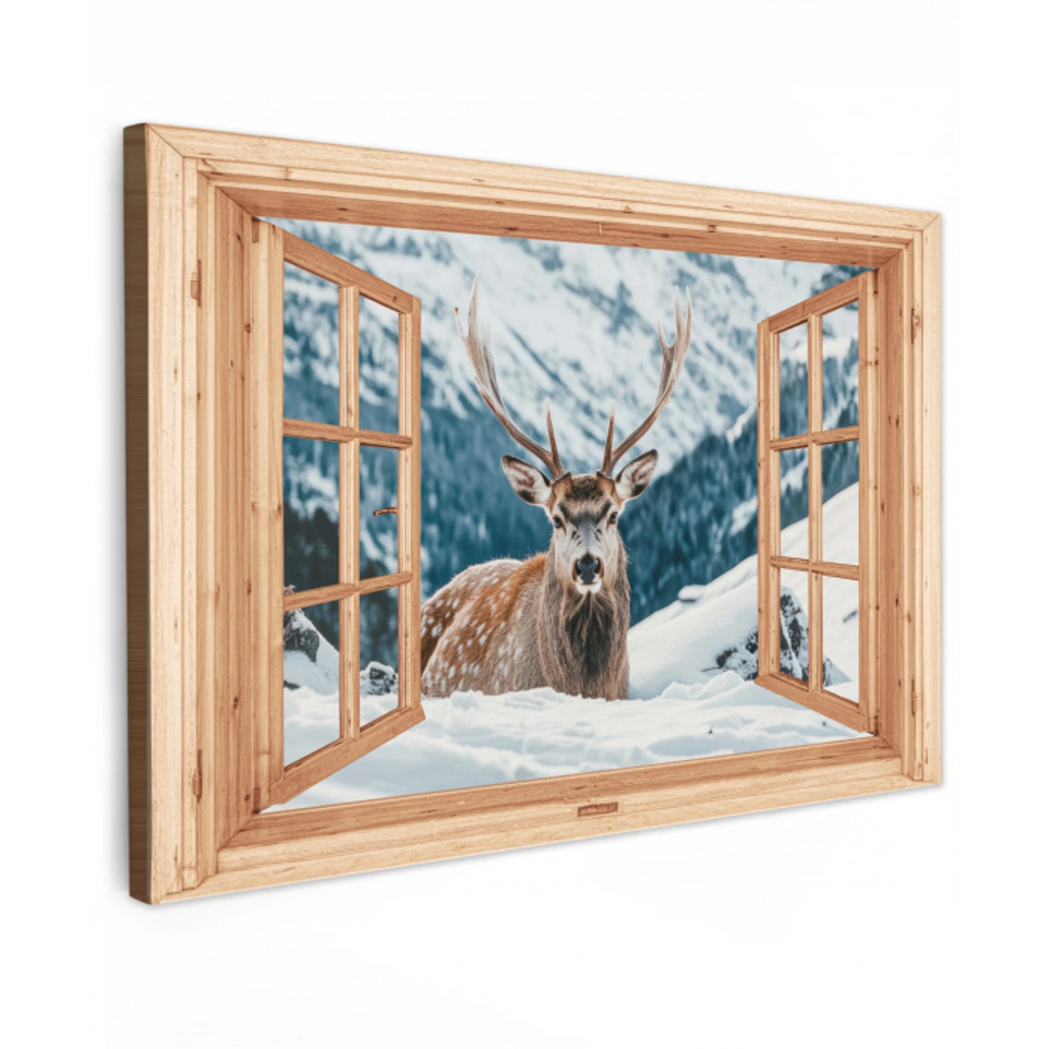 Doorkijk - Hert - Landschap - Winter - Natuur - Dieren - Bergen Tuinposter op houten frame 2 cm dik klein -3d