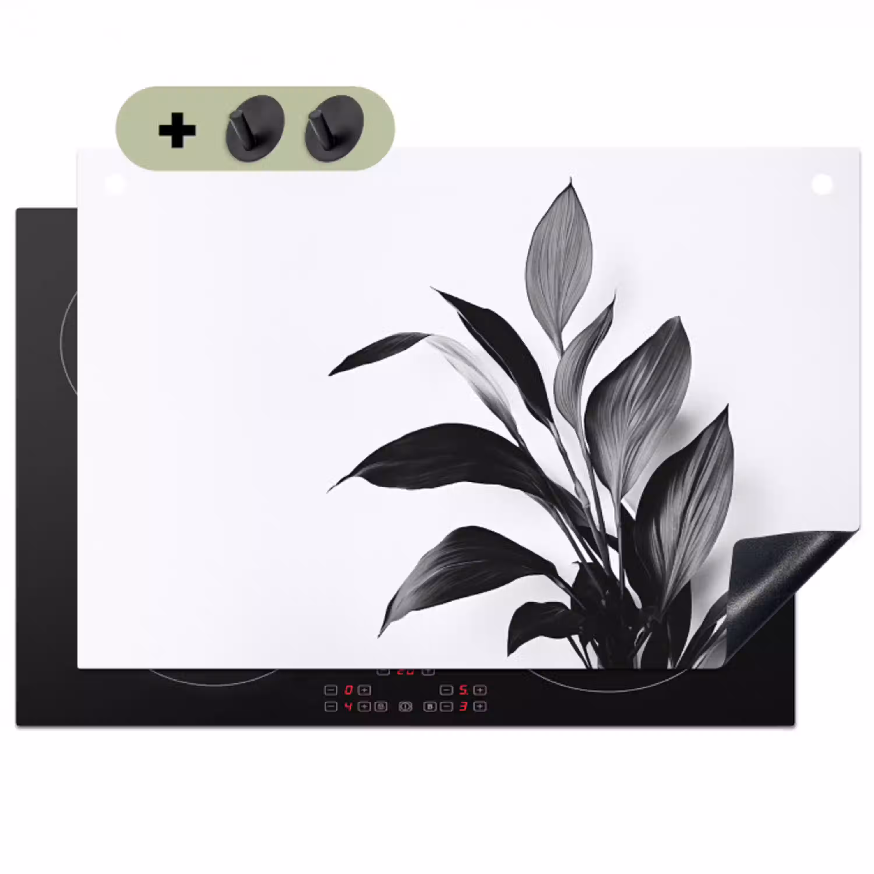 Plant - Bladeren - Minimalistisch - Zwart Inductie beschemer met haakjes klein -3d