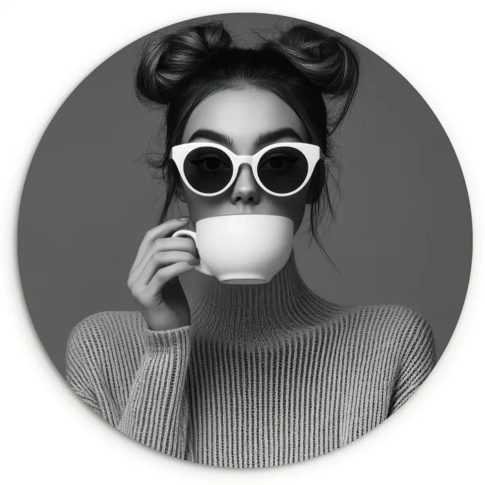 Vrouw - Koffie - Zwart - Wit Wandcirkel plexiglas klein -3d