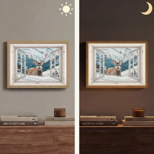 Hert - Winterlandschap - Natuur - Dieren - Doorkijk - Bergen Light Box met batterij (Wandlamp) middel -sfeer3