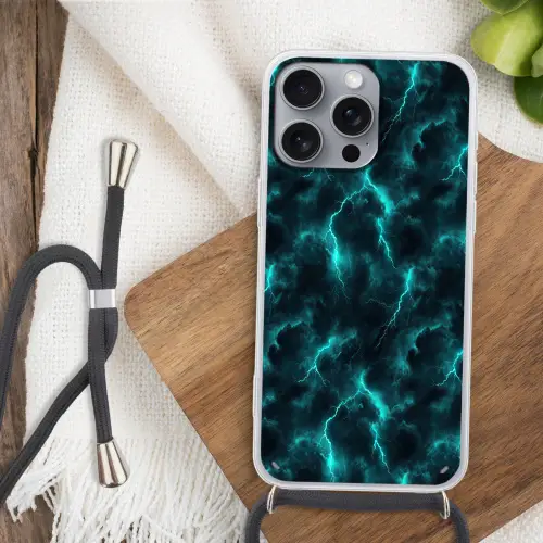 Turquoise - Bliksem  - Wolken Hoesje iPhone 16 Pro Max met koord klein 804 -sfeer4