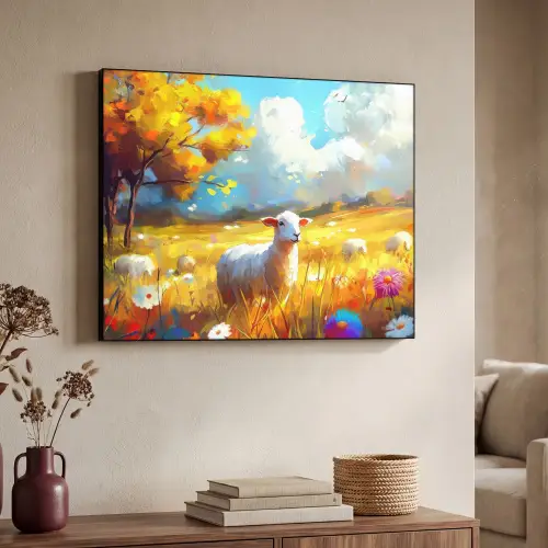 Schaap - Weide - Bloemen Textielframe zwart klein -sfeer3