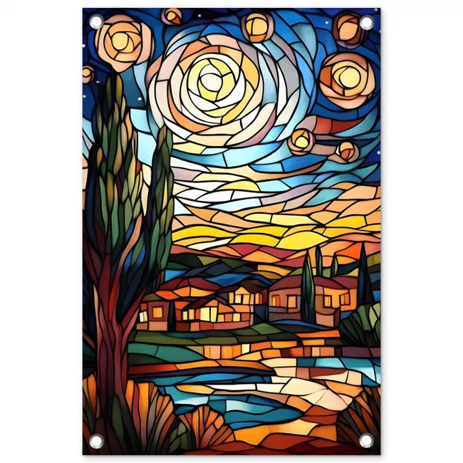 Hemel - Sterren - Mozaïek - Huizen tuinposter los doek klein -3d