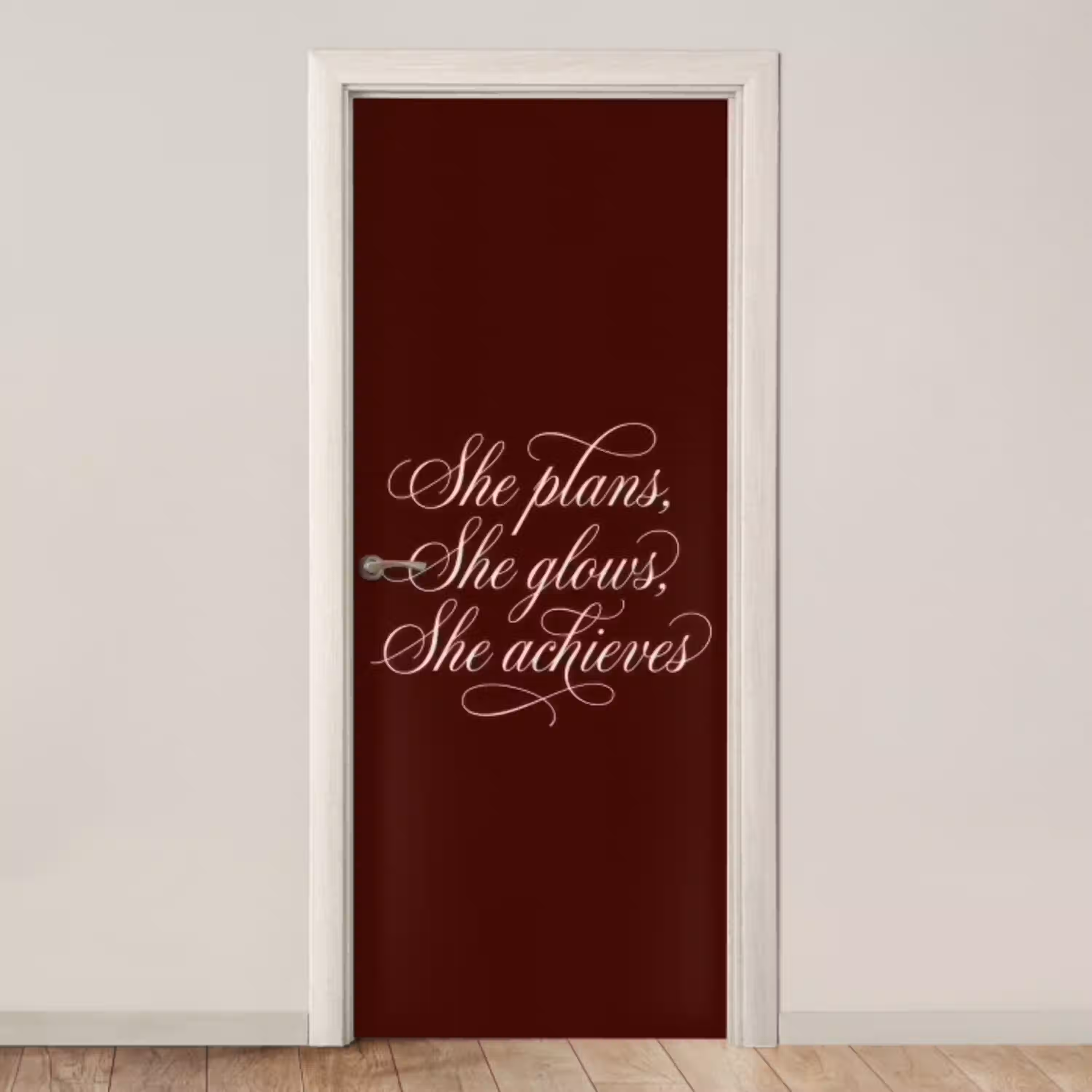She plans she glows she achieves - Rood - Cursief deurposter klein -3d_beige