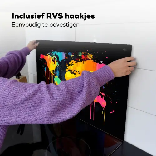 Wereldkaart - Verf - Kleurrijk - Graffiti - Wereld Inductie beschemer met haakjes klein -ky-ophangen-nl