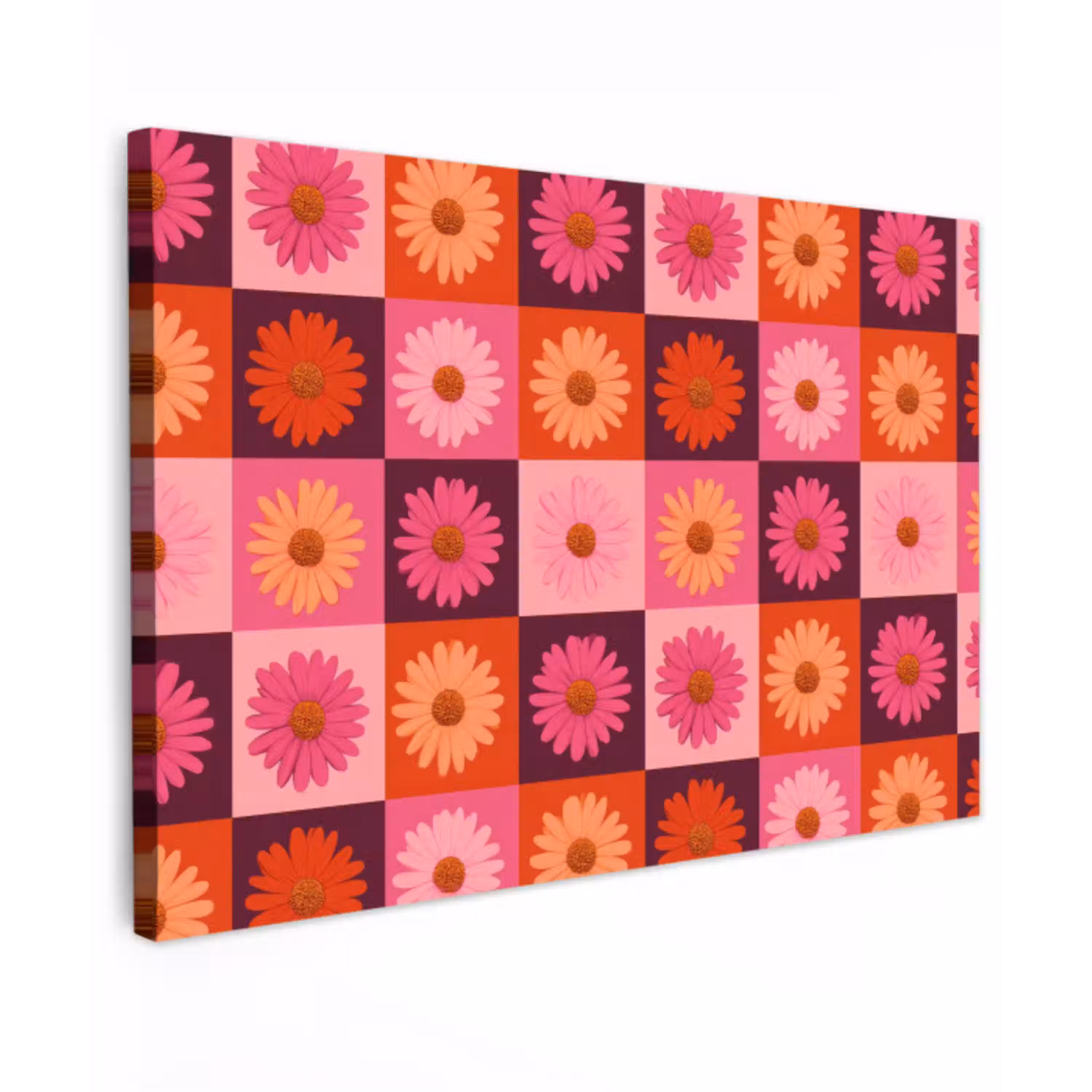 Madeliefjes - Dambord - Retro - Roze - Oranje Tuinposter op houten frame 2 cm dik klein 845 -3d