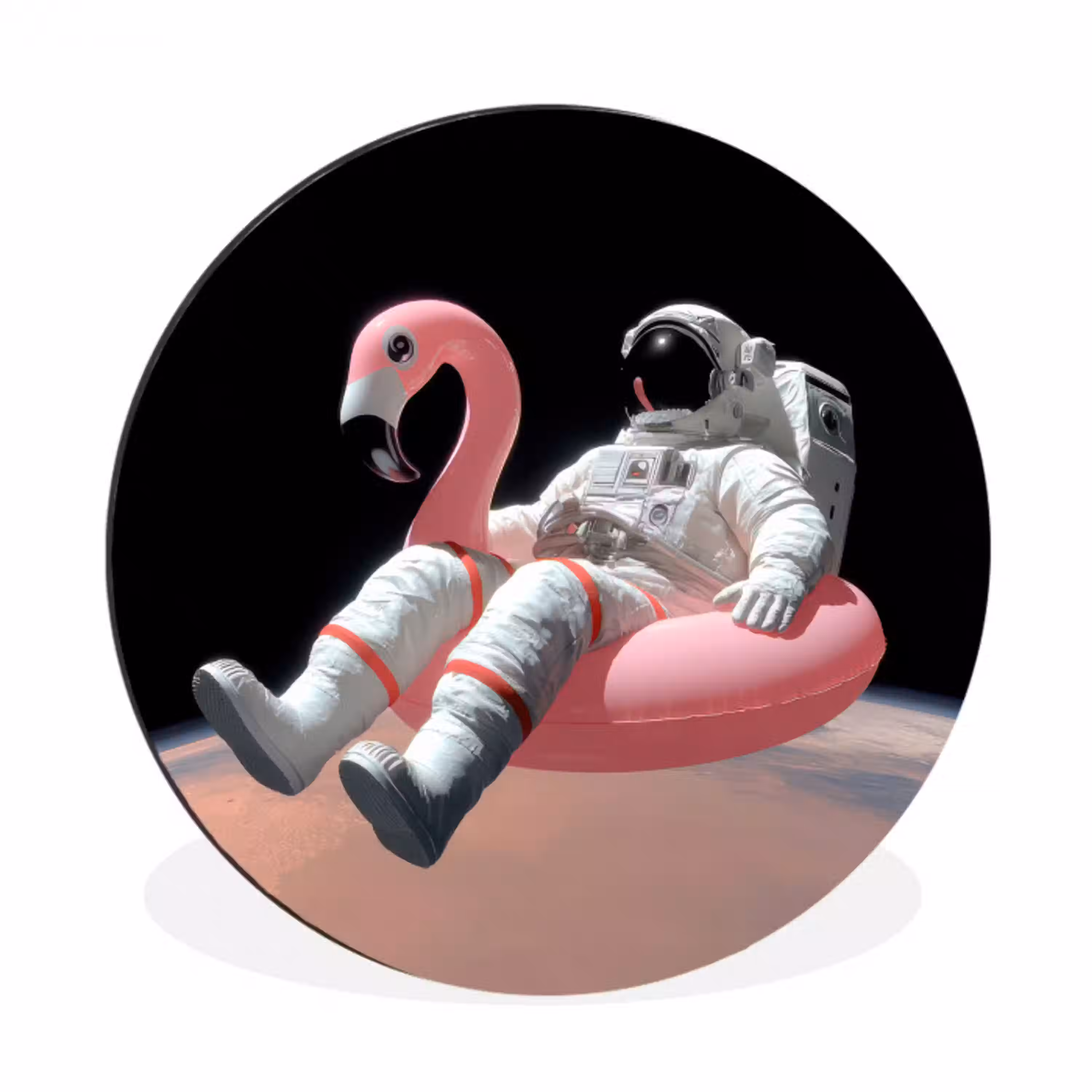 Astronaut - Flamingo - Zwemband - Roze Wandcirkel aluminium klein -3d
