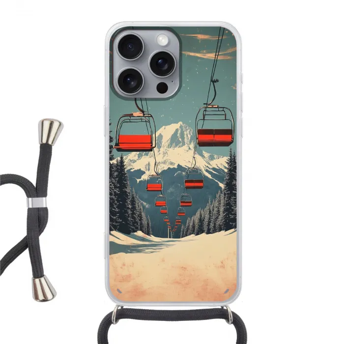 Sneeuw - Skilift - Rood - Bomen Hoesje iPhone 16 Pro Max met koord klein -3d