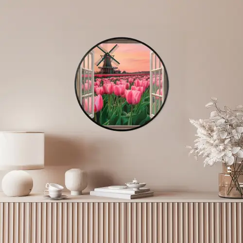 Doorkijk - Tulpen - Bloemen - Molen - Raam Fotolijst rond zonder passe partout klein -sfeer3