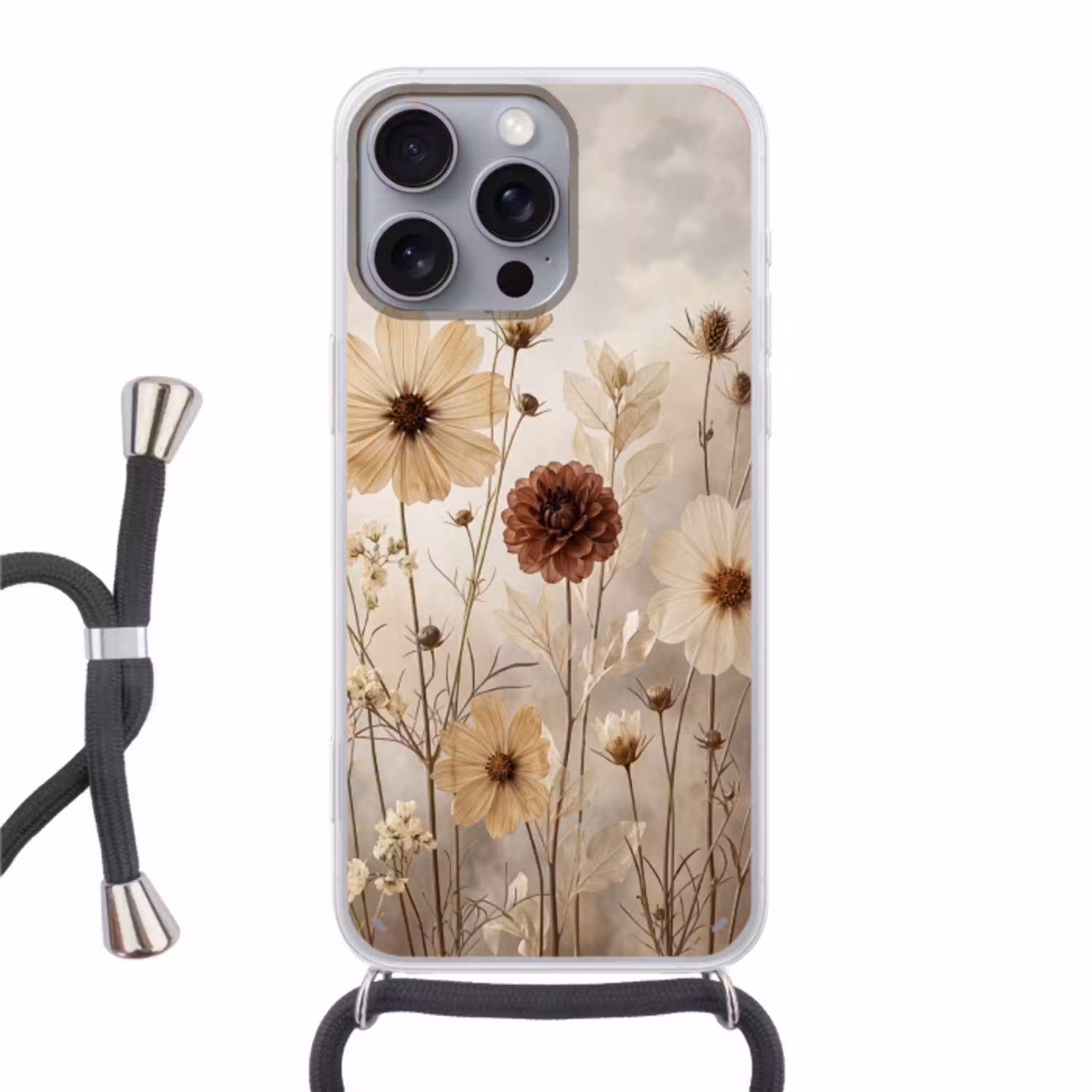 Wilde bloemen - Botanisch - Vintage - Natuur - Rustiek Hoesje iPhone 16 Pro Max met koord klein -3d