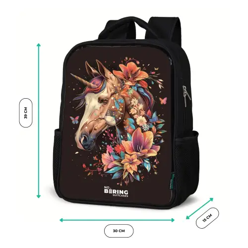 Eenhoorn en Bloemen op Zwarte Achtergrond Rugzak - Zwart middel -productfoto_formaten