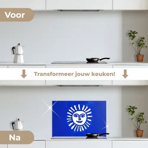 Zon - Gezicht - Penseelstructuur - Blauw keuken achterwand spatscherm klein -voor_na_NL