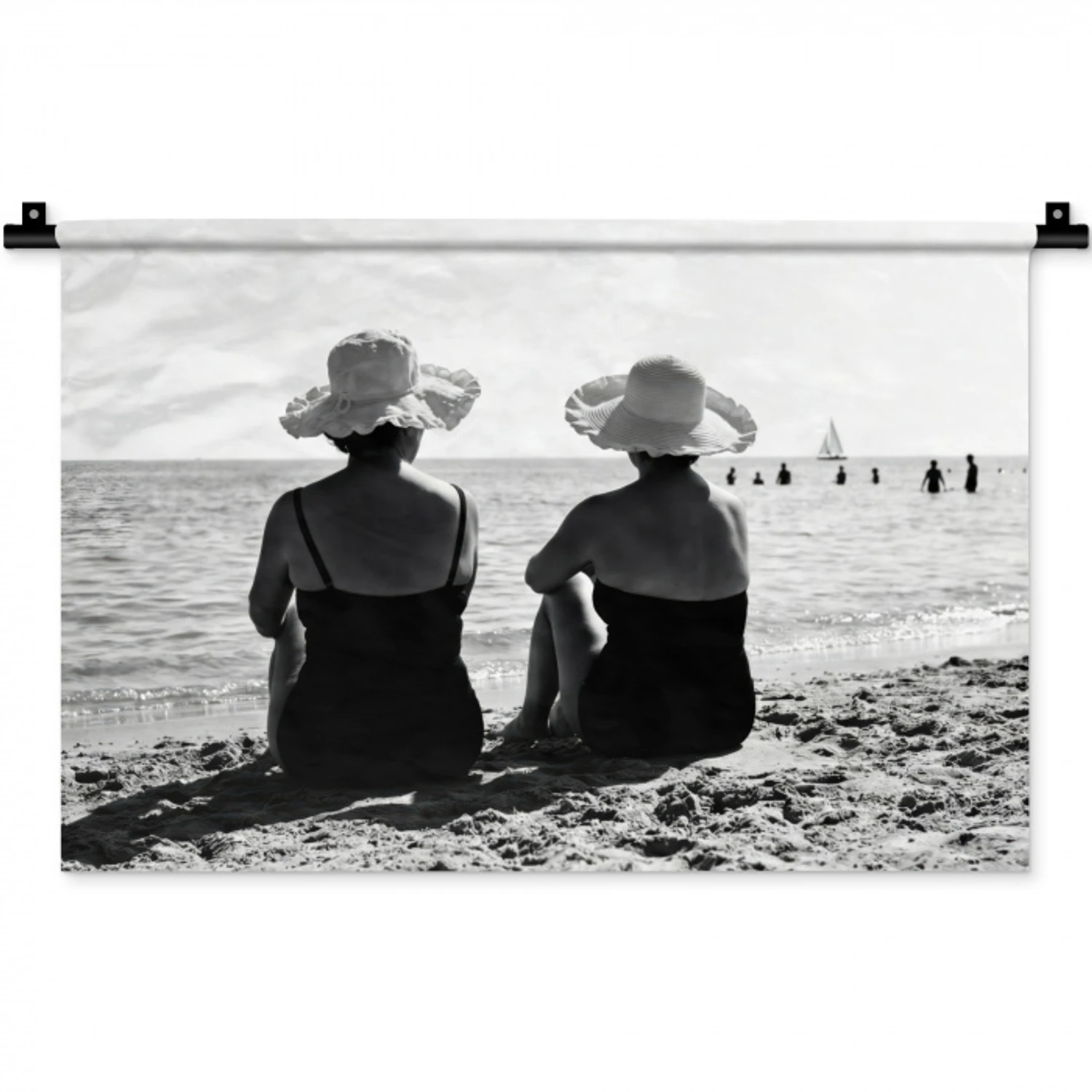 Vrouwen - Zonnehoed - Strand - Zwart - Wit Wandkleed katoen klein -zz3d
