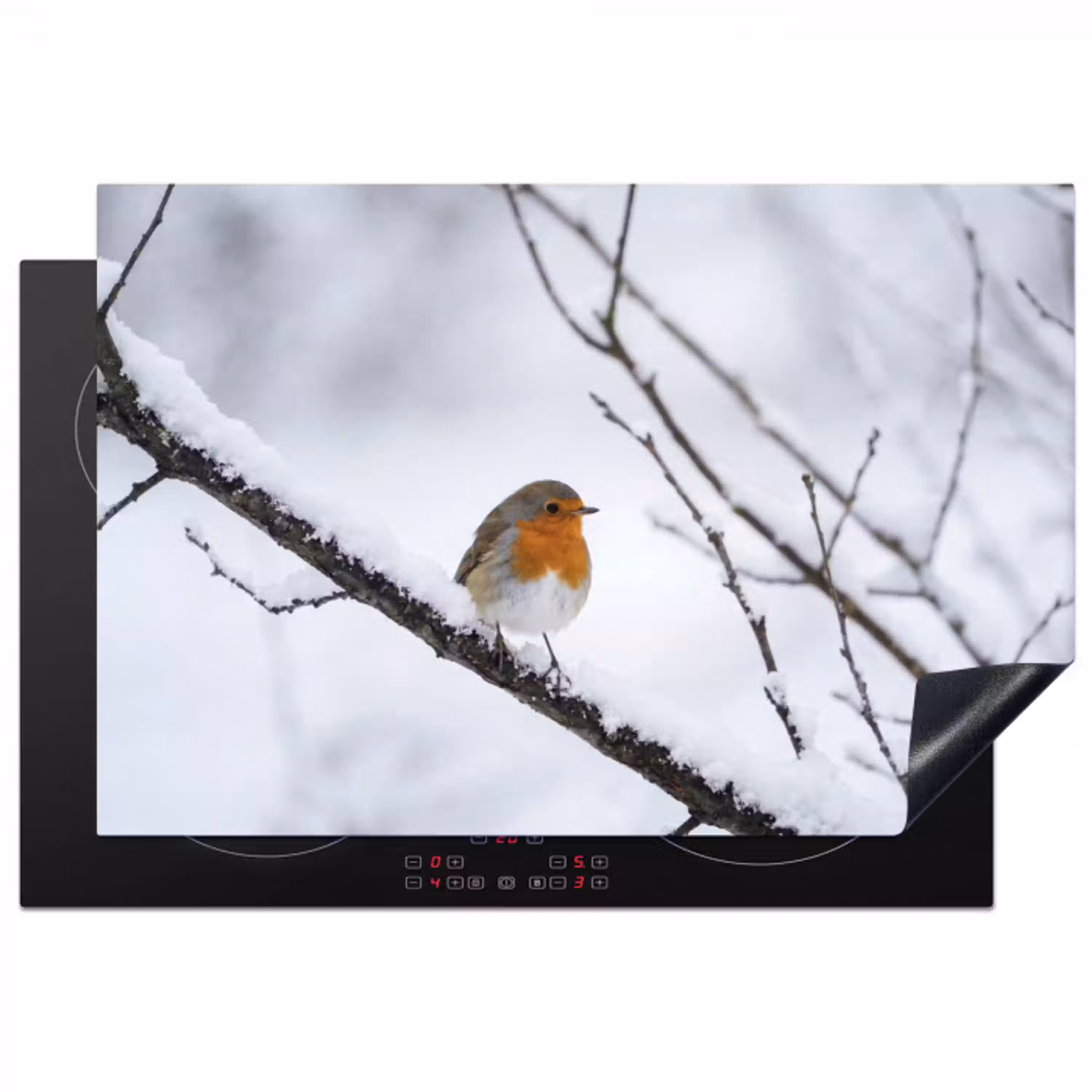 Roodborstje - Tak - Sneeuw - Winter - Levendig Inductie beschermer vinyl 3mm klein -3d