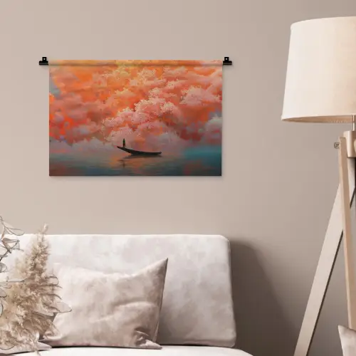Zee - Boot - Wolken - Oranje Wandkleed katoen klein -sfeer4