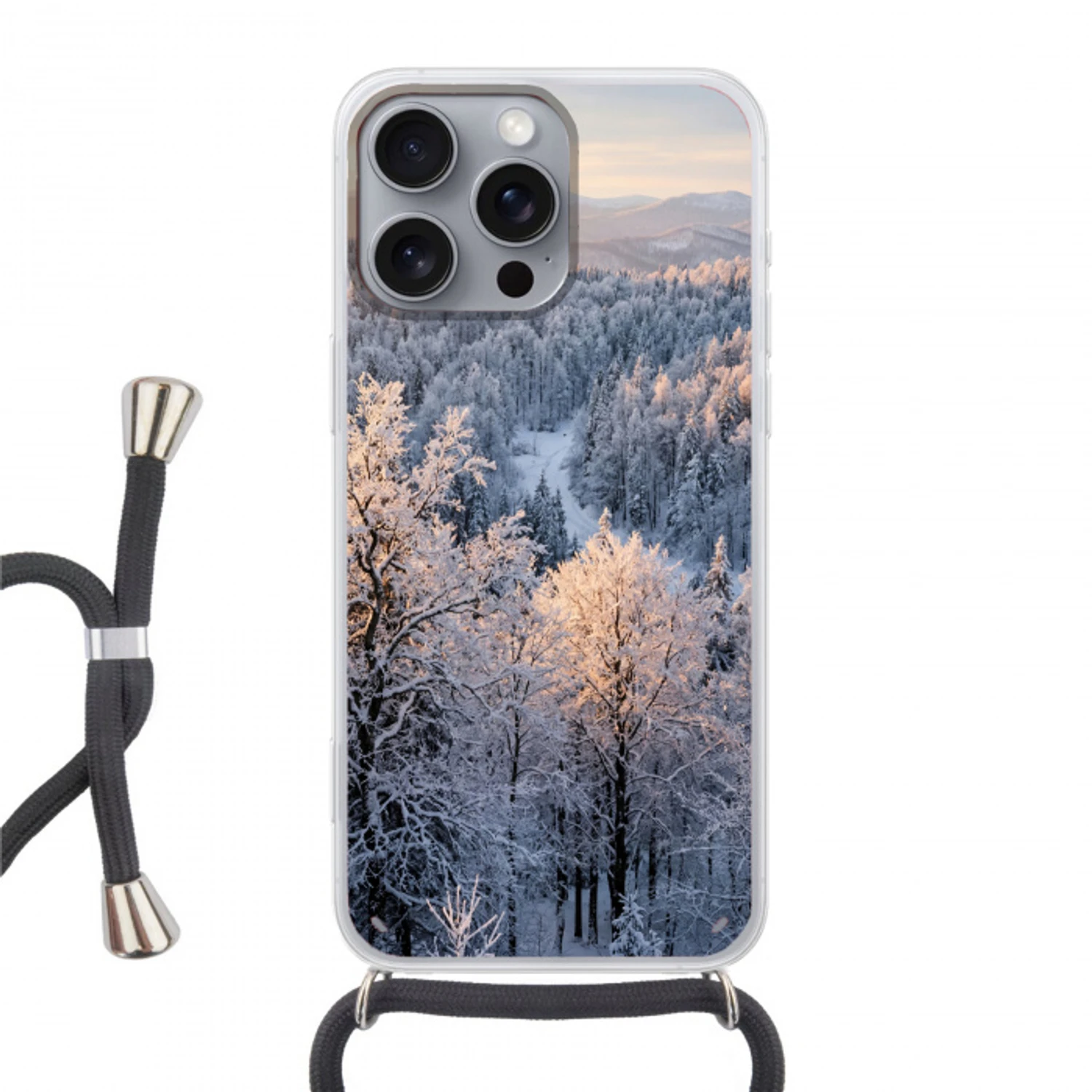 Bos - Bergen - Goud - Winter - Warm Hoesje iPhone 16 Pro Max met koord klein -3d