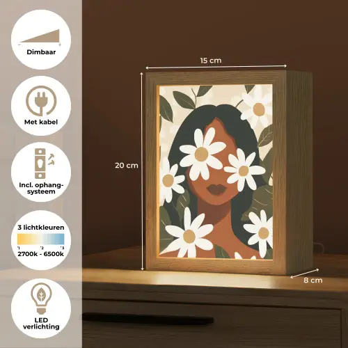 Illustratie - Vrouw - Madeliefjes - Wit Light Box met kabel (Tafellamp) klein -USP_NL