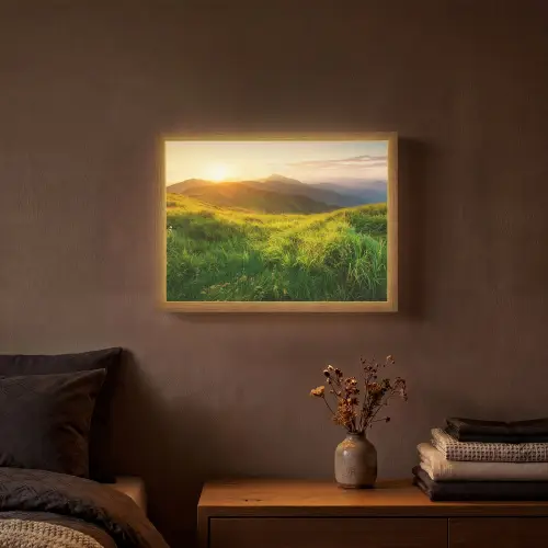 Gras - Heuvels - Zon - Natuur - Landschap Light Box met batterij (Wandlamp) middel -sfeer4