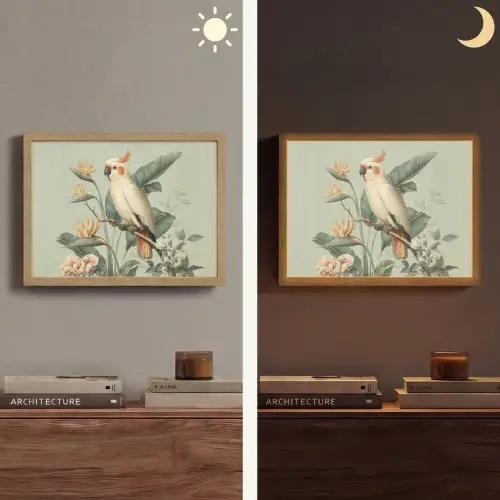 Gele kuifkaketoe - paradijsvogelbloemen - Groen Light Box met batterij (Wandlamp) middel -sfeer3