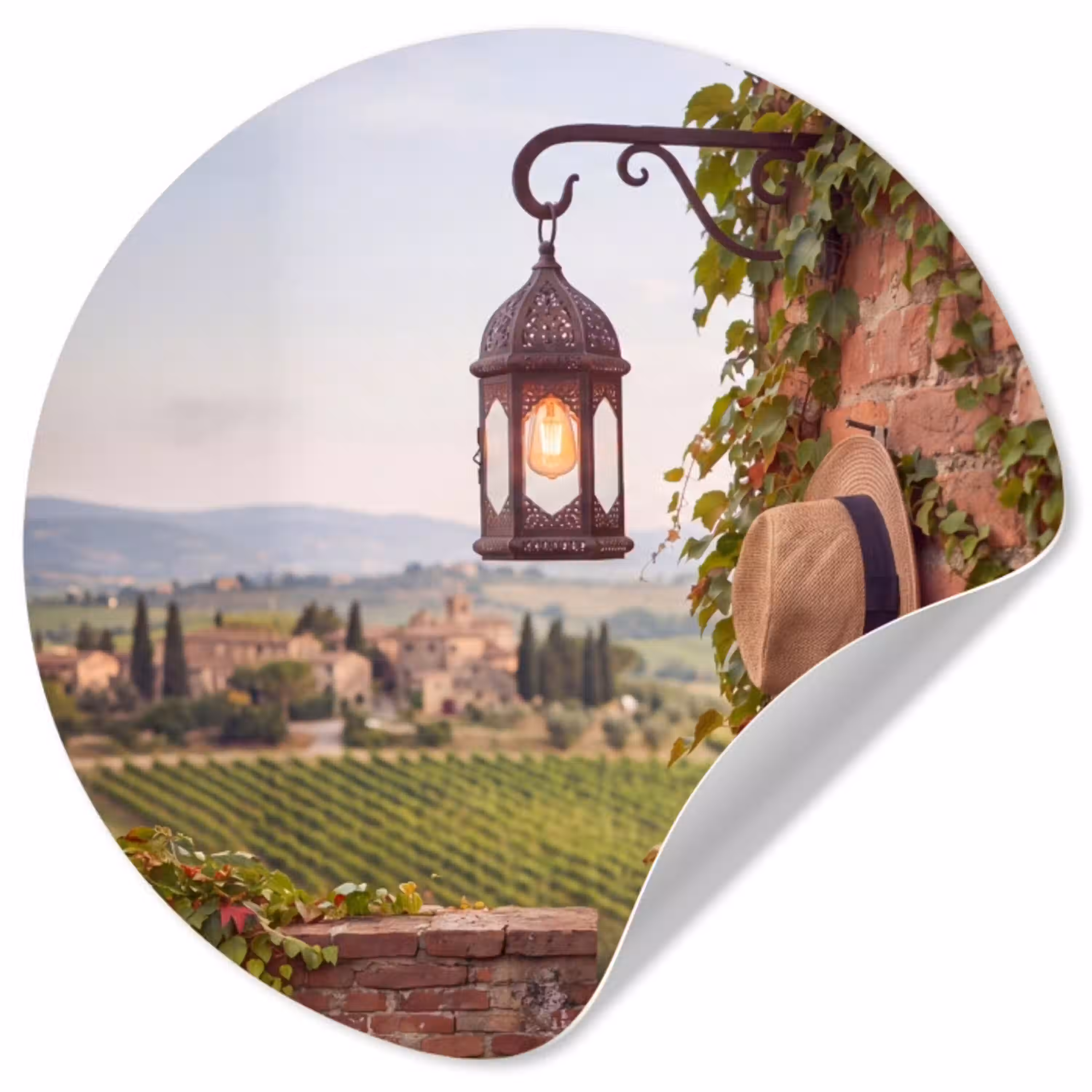 Lantaarn - Wijngaard - Landschap - Italiaans Wandcirkel behangsticker klein -3d