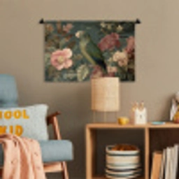 Groene papegaai - Kleurrijke bloemen - Donkere achtergrond Wandkleed katoen klein -wsfeer4_kind