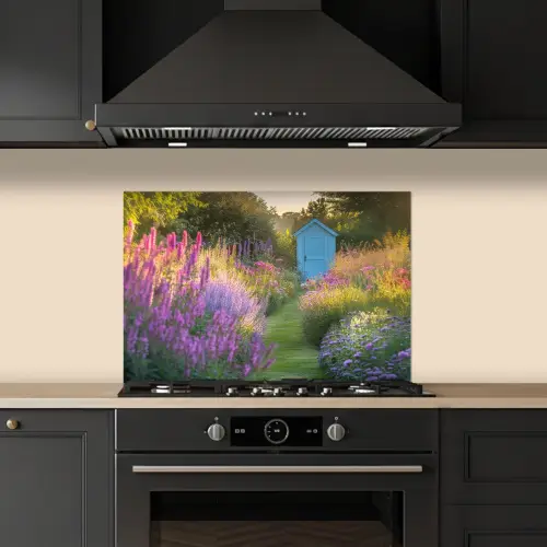 Tuinhuisje - Blauw - Bloemen keuken achterwand spatscherm klein -sfeer1