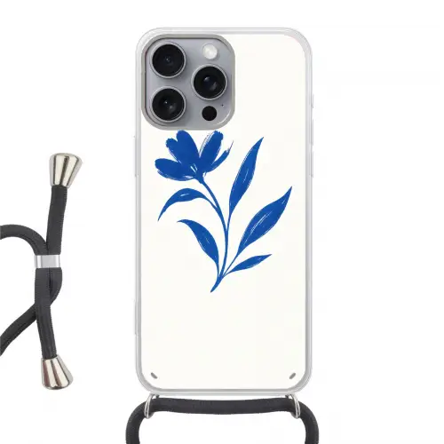Bloem - Blaadjes - Minimalistisch - Blauw Hoesje iPhone 16 Pro Max met koord klein -3d