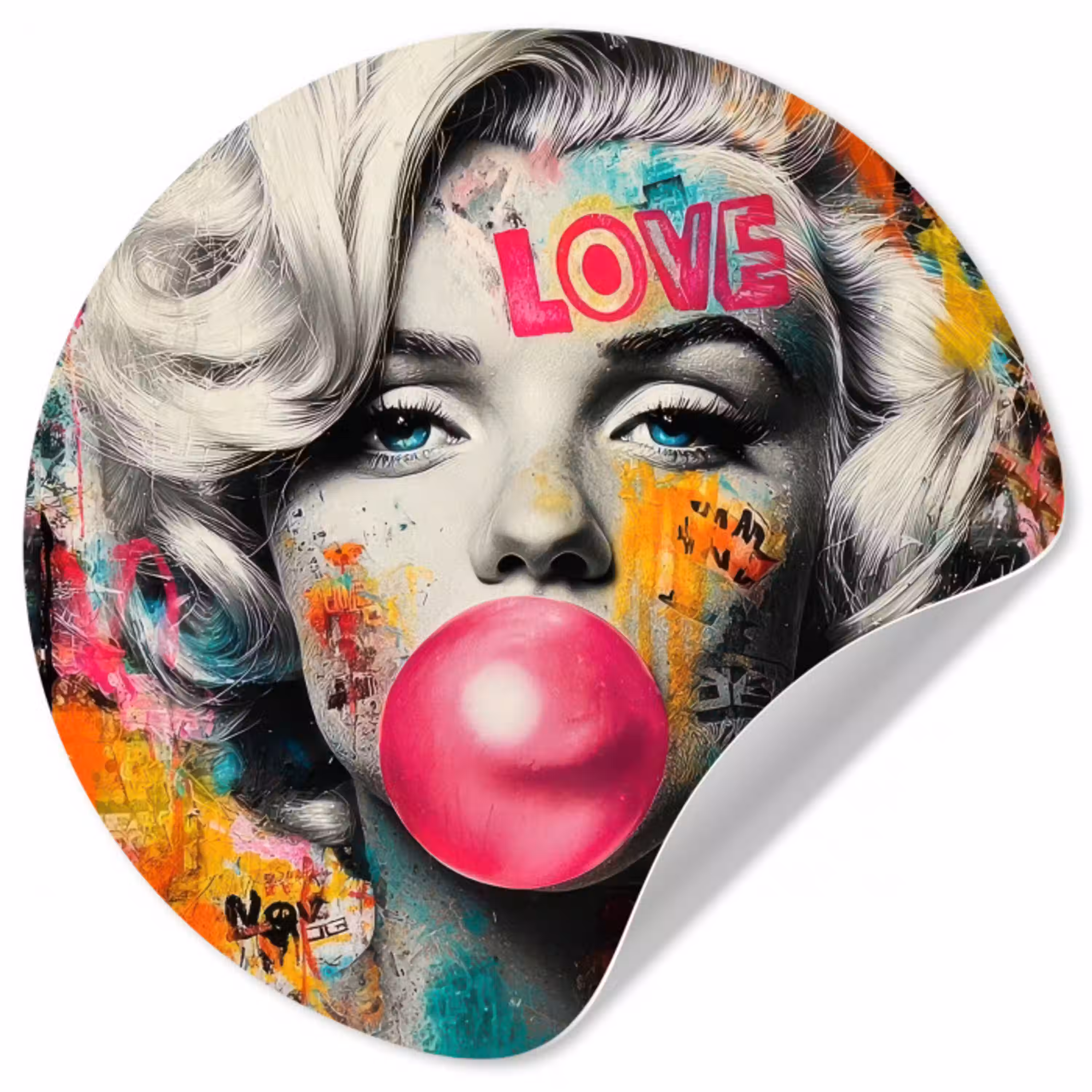 Vrouw - Kauwgom - Graffiti - Neonkleuren Wandcirkel behangsticker klein -3d