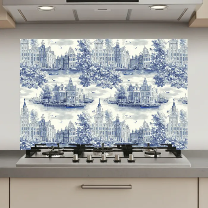 Huizen - Bomen - Water - Vogels - Blauw keuken achterwand spatscherm klein 900 -3d_website