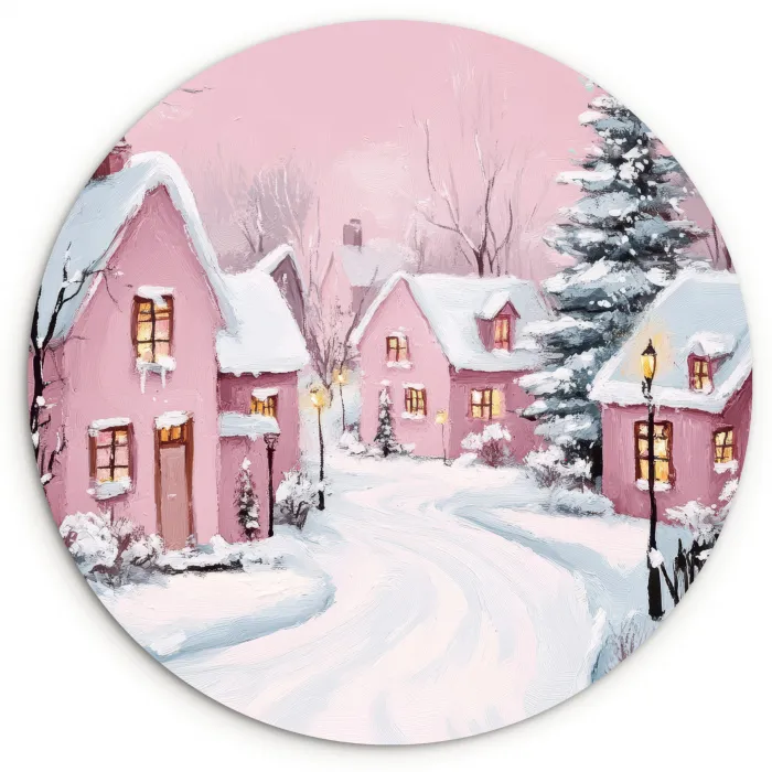 Kerstdorp - Roze - Winter - Sneeuw - Huizen Wandcirkel kunststof plaat 5mm dik klein -3d