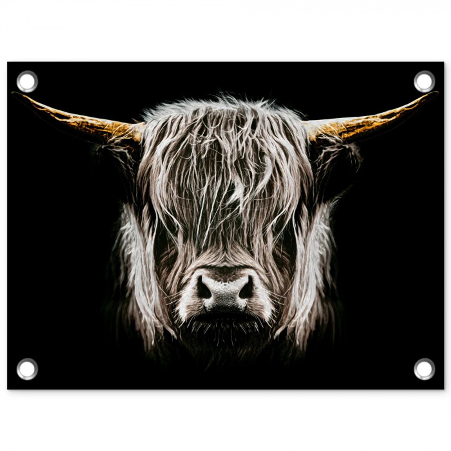 Schotse hooglander - Goud - Hoorns - Zwart wit - Koe - Dieren tuinposter los doek klein -3d