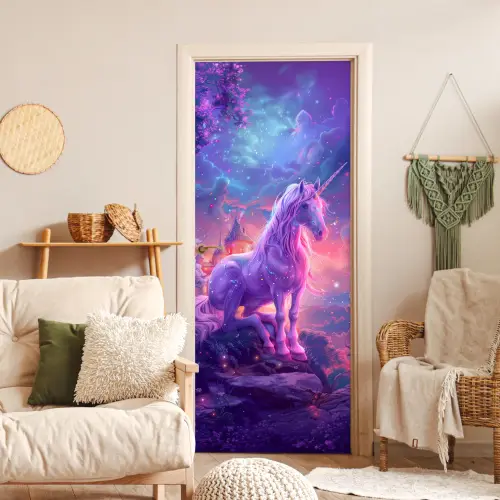 Eenhoorn - Fantasy - Kasteel - Meisje - Paars - Roze deurposter klein -sfeer2