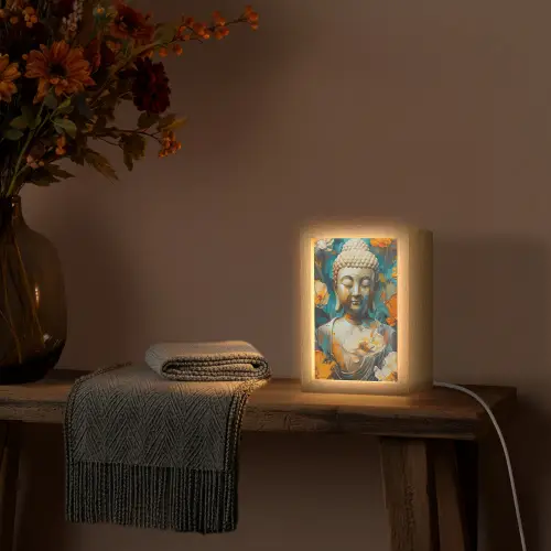 Buddha - Bloemen - Kleurrijk - Modern Light Box met kabel (Tafellamp) klein -sfeer4